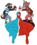  anthro antlers battle black_hair black_nose cervine chibi clothing costume deer dinosaur dromaeosaurid fur grey_body grey_fur hair hi_res horn male mammal nintendo orange_eyes paws pokeball pokemon ra&#039;deer red_eyes reptile scales scalie team_aqua team_magma theropod theshoujoprince 