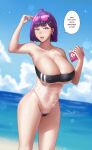  1girl :d absurdres adjusting_eyewear ahoge arm_up beach blue_eyes blunt_bangs blurry blush bob_cut book breasts cameltoe collarbone covered_nipples cowboy_shot day depth_of_field dutch_angle earrings english_commentary english_text eyewear_on_head ganzu glint gris_swimsuit groin hair_behind_ear hair_ornament hairclip hand_up highleg highleg_swimsuit highres holding holding_book horizon huge_breasts jewelry lips looking_at_viewer meme_attire navel ocean original outdoors over-rim_eyewear purple_hair see-through see-through_swimsuit semi-rimless_eyewear shiny_skin short_hair smile solo sparkle speech_bubble standing strapless strapless_swimsuit sunglasses swimsuit underboob 