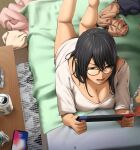  1girl beer_can black_eyes black_hair breasts can cellphone cleavage commentary_request from_above futon glasses hair_between_eyes handheld_game_console highres indoors large_breasts legs_up lying mole mole_on_breast nintendo_switch no_pants on_stomach open_mouth original phone pillow red-framed_eyewear rug shirt short_sleeves snack solo table tokyo_gunjo white_shirt 