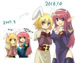  2girls :d acolyte_(ragnarok_online) animal_ears artist_progress before_and_after black_thighhighs blonde_hair blue_eyes blush breasts brown_shirt capelet closed_mouth commentary_request cowboy_shot dated dress fake_animal_ears fake_horns flat_chest habit hair_between_eyes heart horns interlocked_fingers juliet_sleeves large_breasts long_hair long_sleeves looking_at_viewer medium_bangs multiple_girls open_mouth own_hands_together pink_hair pointy_ears priest_(ragnarok_online) puffy_sleeves purple_dress rabbit_ears ragnarok_online shirt short_hair simple_background skirt smile thighhighs uzuki_kouta white_background white_capelet white_skirt 