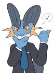  alpha_channel anthro blue_body clothed clothing colored generation_3_pokemon gesture hand_on_chin kipaki male nintendo orange_eyes pokemon pokemon_(species) simple_background solo suit swampert thumbs_up transparent_background 