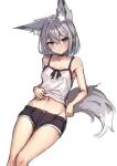  1girl animal_ear_fluff animal_ears bare_arms bare_shoulders black_choker black_shorts blue_eyes blush camisole choker closed_mouth collarbone commentary_request feet_out_of_frame grey_hair groin hair_between_eyes looking_at_viewer navel original ryuinu short_shorts shorts simple_background smile solo tail white_background white_camisole 