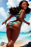  ass beach bikini blue_sky cloud dark_skin highres lilo_&amp;_stitch long_hair milky_nipple nani_pelekai ocean sky smile sunlight swimsuit 