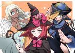  3girls :3 :o angel bare_shoulders black_cape black_dress black_hair black_headwear black_thighhighs blonde_hair blue_dress blue_headwear blush border bow bowtie brown_headwear candy cape chabashira_tenko clothing_request danganronpa_(series) danganronpa_v3:_killing_harmony dark-skinned_female dark_skin dress feathered_wings fighting_stance food green_eyes grey_dress hair_ribbon halo hands_up hat hat_bow holding holding_staff karate knee_up long_hair long_sleeves multicolored_clothes multicolored_dress multicolored_headwear multiple_girls orange_background own_hands_clasped own_hands_together pink_bow pink_bowtie red_hiar ribbon shachoo_(poco_poco) staff star_(symbol) thighhighs white_border white_ribbon wings witch_hat yonaga_angie yumeno_himiko 