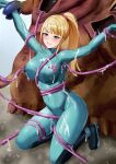  1girl absurdres amayo_thranana arms_up blonde_hair blue_bodysuit blue_eyes bodysuit bound bound_wrists breasts clenched_teeth high_ponytail highres large_breasts long_hair metroid mole mole_under_mouth outstretched_arms rape samus_aran slime_(substance) solo_focus teeth tentacle_sex tentacles zero_suit 