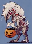  ambiguous_gender anthro awwchang biped canid canine claws countershade_fur countershading digitigrade fur generation_7_pokemon halloween halloween_costume hi_res holidays lycanroc mammal midnight_lycanroc mummy_costume nintendo pokemon pokemon_(species) red_body red_fur solo tail 