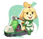  animal_crossing biker_clothes bikesuit bodysuit custom_bike droopy_ears furry gloves isabelle_(animal_crossing) leaf leaning mateus_upd motor_vehicle motorcycle ribbon scarf smile tail 