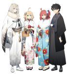  2boys 2girls absurdres ahoge apple artoria_caster_(fate) artoria_pendragon_(fate) black_hair black_kimono black_socks blonde_hair blue_kimono cape closed_mouth diamond_hairband fate/grand_order fate_(series) floral_print food fruit fruit_basket fujimaru_ritsuka_(female) fujimaru_ritsuka_(male) full_body fur-trimmed_cape fur_trim grapes green_eyes grey_hair hair_ornament highres holding holding_food holding_fruit japanese_clothes kimono looking_at_viewer multiple_boys multiple_girls ninjin_(ne_f_g_o) oberon_(fate) one_side_up open_mouth pear pom_pom_(clothes) pom_pom_hair_ornament red_apple red_hair sandals simple_background smile socks twintails white_background white_cape white_footwear white_kimono white_socks wide_sleeves yellow_eyes 