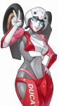  1girl absurdres arcee autobot breasts ducati hand_on_own_hip head_tilt highres mecha medium_breasts navel pink_lips robot simple_background skylock smirk solo transformers transformers:_rise_of_the_beasts transformers_(live_action) v wheel white_background 