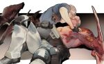  2boys bara black_gloves black_pants black_shirt blonde_hair blood blood_on_face brown_hair closed_mouth fingerless_gloves gloves grey_pants highres holster injury jack_krauser knee_pads large_pectorals leon_s._kennedy male_focus multiple_boys muscular muscular_male pants pectorals resident_evil resident_evil_4 resident_evil_4_(remake) scar scar_on_face scar_on_mouth shirt short_hair shoulder_holster sitting sitting_on_person topless_male vetania yaoi 