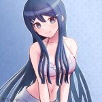  1girl artist_name bare_shoulders blue_background blue_eyes bow breasts closed_mouth collarbone danganronpa:_trigger_happy_havoc danganronpa_(series) gradient_background hair_between_eyes hair_ornament hairclip highres large_breasts leaning_to_the_side maizono_sayaka navel official_alternate_costume pink_bow smile solo stomach toyatopa upper_body 