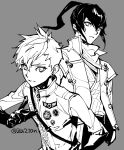  2boys black_hair coat flynn_(smt4) highres long_sleeves male_focus multiple_boys nanashi_(shin_megami_tensei_iv_final) pilot_suit ponytail samurai shin_megami_tensei shin_megami_tensei_iv shin_megami_tensei_iv_final short_hair simple_background smile standing za210n 