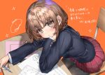  1girl arm_support azusagawa_kaede bad_link black_pantyhose blush brown_eyes closed_mouth desk from_above holding holding_pen looking_at_viewer looking_up medium_hair notebook orange_background pantyhose pen pleated_skirt ranf red_skirt school_desk seishun_buta_yarou signature simple_background sitting skirt solo 