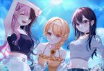  3girls ;d arm_up armpits bare_arms bare_shoulders black_choker black_hair black_shirt blonde_hair blurry bottle braid breasts choker closed_mouth crop_top day flower frills hair_flower hair_ornament hair_over_shoulder hairband halterneck highres ichinose_uruha iris_black_games jacket kogara_toto long_hair long_sleeves looking_at_viewer lupinus_virtual_games medium_breasts midriff multicolored_hair multiple_girls myowa navel off_shoulder one_eye_closed open_mouth outdoors pink_hair purple_eyes second-party_source shading_eyes shirt single_braid sleeveless sleeveless_shirt smile spaghetti_strap split-color_hair stomach streaked_hair sunflower sunflower_hair_ornament sunlight tachibana_hinano_(vtuber) two-tone_hair upper_body virtual_youtuber vspo! water water_bottle wet white_jacket white_shirt yellow_shirt 