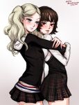  artist_name black_skirt blonde_hair blue_eyes blush brown_hair dated gradient_background hug looking_at_viewer mina_cream miniskirt niijima_makoto persona persona_5 plaid plaid_skirt red_eyes shirt skirt smile takamaki_anne twintails white_shirt yuri 