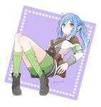  1girl armband black_footwear blue_hair blush brown_eyes closed_mouth commentary_request full_body green_armband green_skirt green_socks knees_up long_hair long_sleeves looking_at_viewer mini_mamu pointy_ears ponytail pouch rune_factory rune_factory_5 scarlett_(rune_factory) shirt shoes shoulder_pads sidelocks sitting skirt socks solo twitter_username white_shirt 