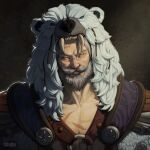  1boy absurdres animal_ears animal_hat artist_name avatar_(wow) bear_ears bear_hat beard commentary commission dough_(doughnath) english_commentary facial_hair fur_trim grey_eyes grey_hair hat highres male_focus portrait scar scar_on_chest signature solo warcraft world_of_warcraft 