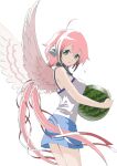  1girl ahoge angel_wings bare_shoulders black_hair blue_shorts camisole chain collar feathered_wings food from_side fruit gradient_hair green_eyes hair_between_eyes hair_ribbon highres ikaros jigoku_keisatsu long_hair looking_at_viewer low_twintails metal_collar multicolored_hair parted_lips pink_hair red_ribbon ribbon robot_ears shorts simple_background solo sora_no_otoshimono twintails very_long_hair watermelon white_background white_camisole white_wings wings 