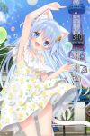  1girl :d aircraft animal_ears arm_up balloon bare_arms bare_shoulders blue_eyes blue_hair blue_sky blush bubble cat_ears cat_tail commentary cowboy_shot day dress fang head_tilt hot_air_balloon long_hair looking_ahead looking_at_viewer mint_(uchi_no_pet_jijou) off-shoulder_dress off_shoulder open_mouth outdoors outstretched_arm pointing sky smile solo spaghetti_strap star_(symbol) star_in_eye straight-on symbol-only_commentary symbol_in_eye tail tareme tower uchi_no_pet_jijou white_dress yano_mitsuki_(artist) 