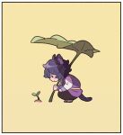  1boy animal_ears black_eyes black_hair black_pants border cat_ears cat_tail coat highres holding holding_leaf kneeling leaf leaf_umbrella luo_xiaohei luo_xiaohei_zhanji nploser pants purple_coat simple_background solo tail white_border yellow_background 