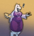  anthro big_breasts boss_monster bovid breasts caprine clothed clothing dessert digitigrade dress exclamation_point eyes_closed female floppy_ears food fur goat horn huge_breasts lop_ears mammal navel_outline open_mouth pie purple_background purple_clothing purple_dress simple_background slightly_chubby solo terrehaute thick_thighs toriel undertale undertale_(series) white_body white_fur wide_hips yellow_background 