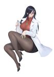  1girl black_footwear black_hair black_skirt bobobong breasts clipboard closed_mouth earrings fingernails full_body gem glasses green_gemstone hair_between_eyes hand_on_own_thigh high_heels highres holding holding_clipboard jewelry justice_gakuen knee_up lab_coat large_breasts legs long_hair minazuki_kyouko necklace pantyhose pencil_skirt pendant red_sweater ribbed_sweater single_earring sitting skirt solo sweater thick_thighs thighs turtleneck white_background 