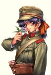  1990s_(style) 1girl flower hair_ribbon hat highres load_bearing_equipment longmei_er_de_tuzi manchukuo_army military military_rank_insignia military_uniform original retro_artstyle ribbon uniform world_war_ii 