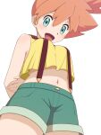  1girl :d arms_behind_back breasts commentary_request drill_bulbul eyelashes green_eyes green_shorts looking_down misty_(pokemon) navel open_mouth orange_hair pokemon pokemon_(anime) pokemon_(classic_anime) shirt shorts simple_background sleeveless sleeveless_shirt smile solo suspenders tongue white_background yellow_shirt 