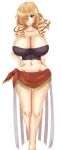  1girl bare_arms bare_shoulders blonde_hair blue_eyes breasts cleavage closed_mouth commentary_request drill_hair drill_locks feet_out_of_frame groin hair_over_one_eye hand_on_hip head_tilt highres huge_breasts light_blush light_smile long_hair looking_at_viewer midriff navel oriana_thomason sarong shiny_skin smile solo standing stomach thighs toaru_majutsu_no_index yuguran_(specs) 