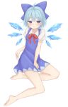  1girl ahoge bare_legs barefoot between_legs blue_bow blue_dress blue_eyes blue_hair blush bow bowtie cirno collarbone commentary_request dress flat_chest full_body gaden19 half-closed_eyes hand_between_legs highres ice ice_wings looking_at_viewer parted_lips petite puffy_short_sleeves puffy_sleeves red_bow red_bowtie short_hair short_sleeves simple_background sitting solo toes touhou triangle_mouth white_background wing_collar wings yokozuwari 