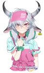  1girl angrygentle animal_ears apron aqua_shirt bell blush collar cow_ears cow_girl cow_horns grey_hair highres horns indie_virtual_youtuber long_hair looking_at_viewer middle_finger neck_bell pink_apron pink_eyes ribbon shirt solo upper_body virtual_youtuber 