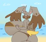  anthro beach big_breasts big_butt big_ears breasts brown_body brown_clothing brown_fur brown_swimwear buckteeth butt cheek_tuft clothing cotton_tail diggersby dipstick_ears eyelashes eyes_closed facial_tuft female fur generation_6_pokemon grey_body grey_fur head_tuft hi_res huge_breasts huge_butt hyper hyper_breasts looking_at_viewer looking_back looking_back_at_viewer multicolored_ears nintendo pokemon pokemon_(species) rear_view sea seaside sky solo squuishyboi swimwear teeth thick_thighs tuft water wide_hips 