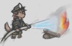  anthro brown_body brown_fur brown_hair canid canine canis chibi clothing fire firefighter fur hair hose male mammal metaphor seff solo twokinds webcomic webcomic_character wolf zen_(twokinds) 