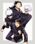  2boys age_comparison anger_vein black_blindfold black_eyes black_hair black_jacket black_kimono blindfold blue_eyes covered_eyes cowboy_shot ear_piercing getou_suguru gojou_satoru hair_bun hair_pulled_back highres jacket japanese_clothes jujutsu_kaisen jujutsu_tech_uniform kimono long_hair long_sleeves male_focus multiple_boys open_mouth pants piercing purple_jacket purple_pants round_eyewear school_uniform short_hair standing sunglasses sweatdrop v-shaped_eyebrows white_background white_hair yuu_2111 