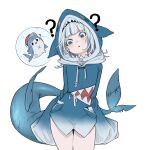  1girl ? absurdres animal_costume animal_hood arms_at_sides bloop_(gawr_gura) blue_eyes blue_hair blue_hoodie blunt_bangs chestnut_mouth cowboy_shot drawstring fins fish_tail gawr_gura gawr_gura_(1st_costume) head_tilt highres hololive hololive_english hood hood_up hoodie igonnaswing light_blush long_sleeves looking_at_viewer multicolored_hair shark_costume shark_girl shark_hood shark_tail sidelocks simple_background sleeves_past_fingers sleeves_past_wrists streaked_hair tail virtual_youtuber white_background white_hair wide_sleeves 