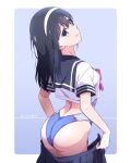  1girl ass black_hair blue_background blue_eyes blue_sky border competition_swimsuit dated from_behind head_tilt headband highres looking_at_viewer looking_back nii_manabu one-piece_swimsuit original school_uniform shirt signature sky solo swimsuit thighs undressing white_border white_headband white_shirt 