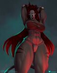  anthro black_body black_fur black_hair breasts clothed clothing demon doomthewolf female fur hair hands_behind_head hi_res looking_at_viewer muscular muscular_female simple_background solo tail 
