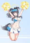  1girl animal_ears armpits arms_up black_hair blue_archive breaaad breasts cheerleader cleavage commentary_request detached_collar dog_ears dog_girl dog_tail eyewear_on_head grey_eyes hair_between_eyes halo hibiki_(blue_archive) hibiki_(cheerleader)_(blue_archive) highres holding holding_pom_poms jumping large_breasts long_hair looking_at_viewer millennium_cheerleader_outfit_(blue_archive) navel official_alternate_costume parted_lips pleated_skirt pom_pom_(cheerleading) ponytail sidelocks simple_background skirt sleeveless sneaking solo stomach sunglasses tail wavy_mouth white_background 