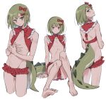  1boy :o bare_arms bare_legs barefoot bow brown_eyes bulge collage cropped_legs double-parted_bangs dragon_boy dragon_tail frilled_panties frills full_body green_hair hair_bow hana_(adey) hands_on_own_chest highres looking_at_viewer looking_back medium_hair midriff no_navel original otoko_no_ko panties red_bow red_panties sitting standing tail ten_(lu2948d) underwear white_background 