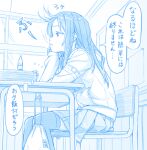  1girl alternate_costume asashio_(kancolle) bag blue_theme chair commentary_request desk gotou_hisashi hood hoodie kantai_collection long_hair long_sleeves pleated_skirt school_chair school_desk sidelocks sitting skirt solo speech_bubble thighhighs thought_bubble translation_request 