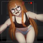  ! !! 1girl absurdres ahoge black_tank_top blunt_bangs blush breasts brown_hair crop_top embarrassed english_commentary glasses groin highres long_hair lucky_zero navel open_mouth orange_hair outstretched_arms paid_reward_available panties persona persona_5 purple_eyes recording sakura_futaba selfie small_breasts solo striped striped_panties tank_top thighs underwear very_long_hair viewfinder 