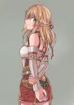  1girl blonde_hair closed_mouth commentary_request detached_sleeves fiora_(xenoblade) green_eyes hifumi_(aiueonigiri) highres long_hair looking_at_viewer midriff miniskirt simple_background skirt smile solo xenoblade_chronicles_(series) xenoblade_chronicles_1 