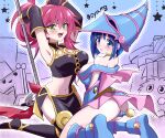  2girls ahoge armpits arms_up bare_shoulders between_legs blue_eyes blue_footwear blue_hair breasts chaya_mago choker cosplay dark_magician_girl dark_magician_girl_(cosplay) detached_sleeves duel_monster evil_twin_ki-sikil evil_twin_lil-la green_eyes hat highres ki-sikil_(yu-gi-oh!) kuriboh large_breasts lil-la_(yu-gi-oh!) multiple_girls open_mouth pink_hair ponytail sevens_road_witch sevens_road_witch_(cosplay) short_hair sleeveless staff thighhighs witch_hat yu-gi-oh! yu-gi-oh!_sevens 