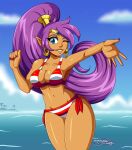  2019 bikini blue_eyes breasts brown_body brown_skin cleavage clothed clothing cloud day ear_piercing ear_ring female genie hair hi_res humanoid humanoid_pointy_ears long_hair mrdeepay not_furry one_eye_closed piercing ponytail purple_hair ring_piercing shantae shantae_(series) signature solo swimwear water wayforward wink 