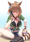  1girl absurdres agnes_tachyon_(lunatic_lab)_(umamusume) agnes_tachyon_(umamusume) ahoge animal_ears bikini black_bikini black_footwear black_gloves breasts brown_hair cleavage commentary_request criss-cross_halter cross-laced_footwear denim denim_shorts flask gloves green_jacket hair_between_eyes halterneck highres himuraanzu horse_ears horse_girl horse_tail indian_style jacket looking_at_viewer medium_breasts official_alternate_costume open_fly partial_commentary red_eyes round-bottom_flask sandals short_hair shorts single_glove sitting sleeves_rolled_up smile solo swimsuit tail textless_version thigh_strap tied_jacket umamusume 