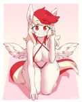  anthro areola array_(oc) big_breasts blush blush_lines borvar breasts equid equine female hair hasbro hi_res kneeling looking_at_viewer mammal mostly_nude multicolored_hair my_little_pony pegasus red_eyes red_hair signature smile solo tail text thick_thighs white_body white_hair wings 