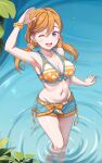  ;d alternate_hairstyle armpits bikini bikini_top_only blue_shorts breasts cleavage front-tie_bikini_top front-tie_top groin hair_between_eyes hand_up highres long_hair love_live! love_live!_superstar!! low_twintails medium_breasts navel one_eye_closed open_mouth orange_bikini orange_hair purple_eyes shading_eyes shibuya_kanon shorts smile swept_bangs swimsuit tsukimi_seiya twintails wading 