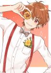  1boy arm_up bow bowtie brown_background brown_hair collared_shirt commentary_request dress_shirt flower food grey_bow grey_bowtie hair_between_eyes heart highres holding holding_food leaning_to_the_side long_sleeves luke_pearce_(tears_of_themis) male_focus mtkignsn red_eyes shirt smile solo sparkle suspenders tears_of_themis thick_eyebrows two-tone_background upper_body v-shaped_eyebrows white_background white_shirt yellow_flower 