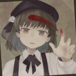  1girl against_fourth_wall archived_source beret black_headwear black_ribbon blood blood_on_hands border brown_background brown_border brown_hair collared_shirt colored_inner_hair flower grey_hair hair_flower hair_ornament hair_ribbon half-closed_eyes hand_up hat hatoba_tsugu head_tilt index_finger_raised kakashika light_smile looking_at_viewer mole mole_under_eye multicolored_hair neck_ribbon no_sclera open_mouth ribbon rose shirt single_hair_ring smeared_blood solo third-party_source tsugu_(vtuber) upper_body virtual_youtuber white_flower white_rose white_shirt 