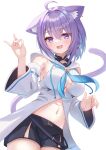  1girl absurdres ahoge animal_ear_fluff animal_ears blush breasts cat_ears cat_girl cat_tail cleavage cosplay detached_sleeves hair_between_eyes highres hololive hood large_breasts looking_at_viewer navel neckerchief nekomata_okayu open_mouth purple_eyes purple_hair shirakami_fubuki shirakami_fubuki_(cosplay) short_hair shorts solo tail togemaru34 virtual_youtuber 